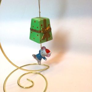 Ceramic Mouse Hanging Ornament Bell Green Red Polka Dots Gold Bow 5.5”